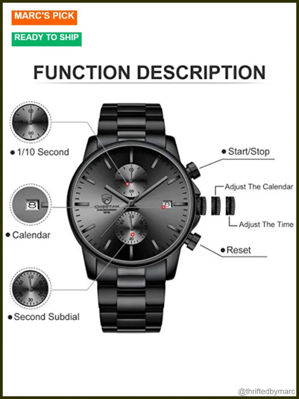 Stainless Steel Chronograph Quartz Watch with Auto Date